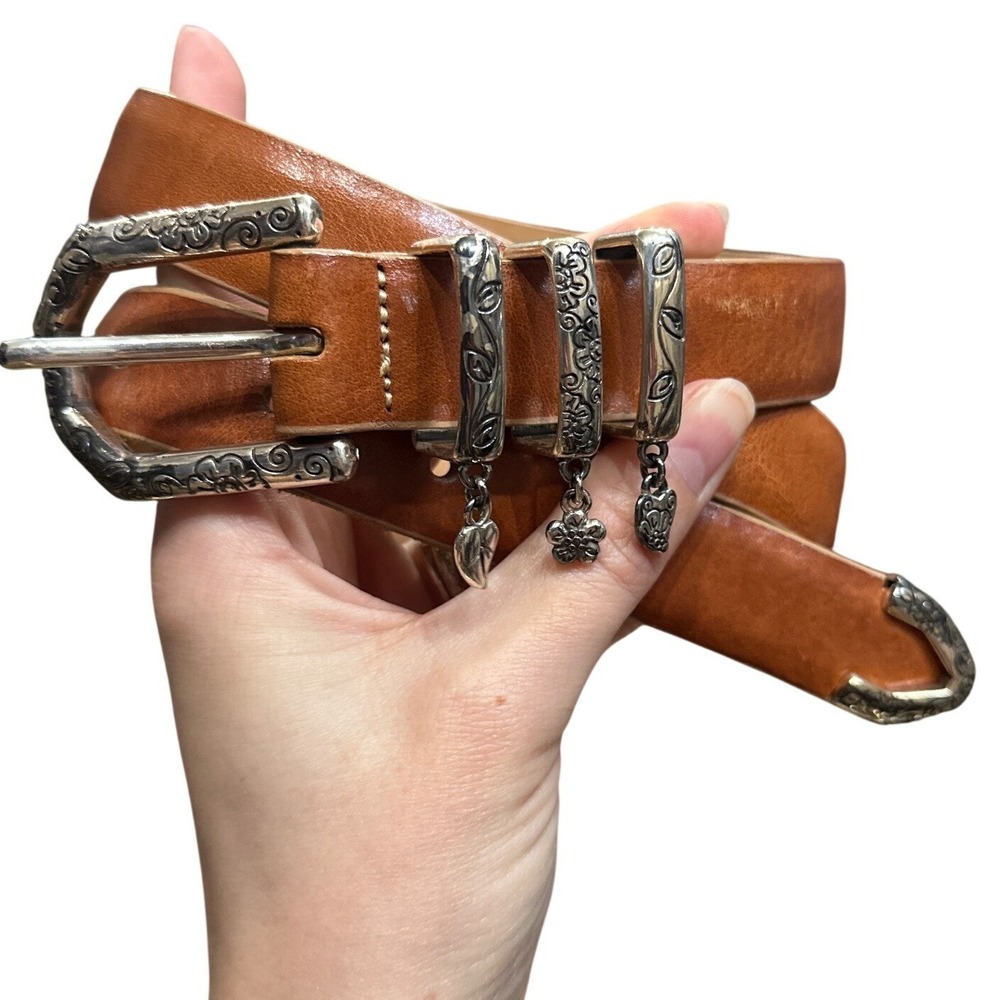 Brighton Cognac Leather Western Belt Silver Heart Charms Engraved M
